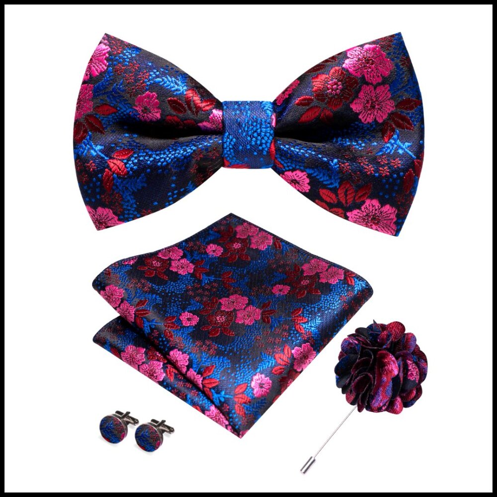 Silk Floral Bow Tie Set Elegant Classic Formal Wedding Business Cufflinks